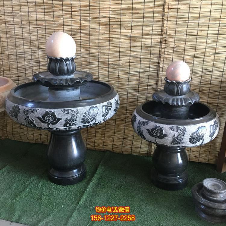 小型室內黑色大理石風水球水缽，辦公家用招財風水擺件